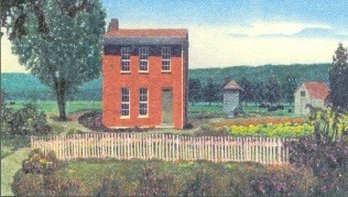 painting of a red brick home next to a garden, field, and trees